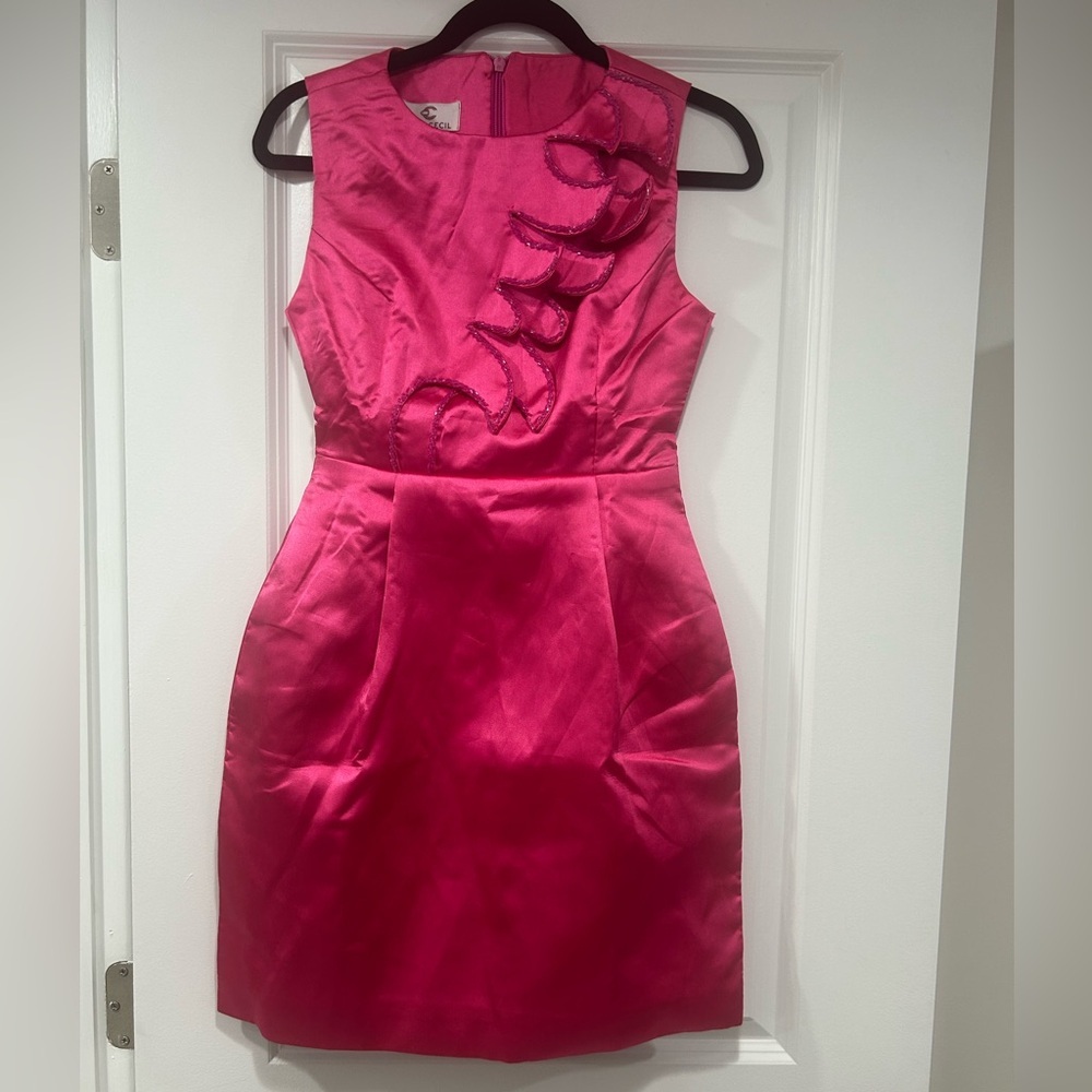 Pink Satin Mini Event Dress with Decorative Detail